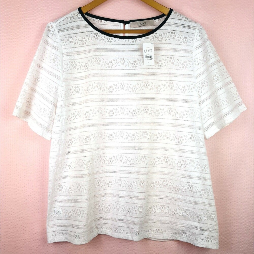 NEW Loft White Lace Womens Blouse See Through Black Trim Size L